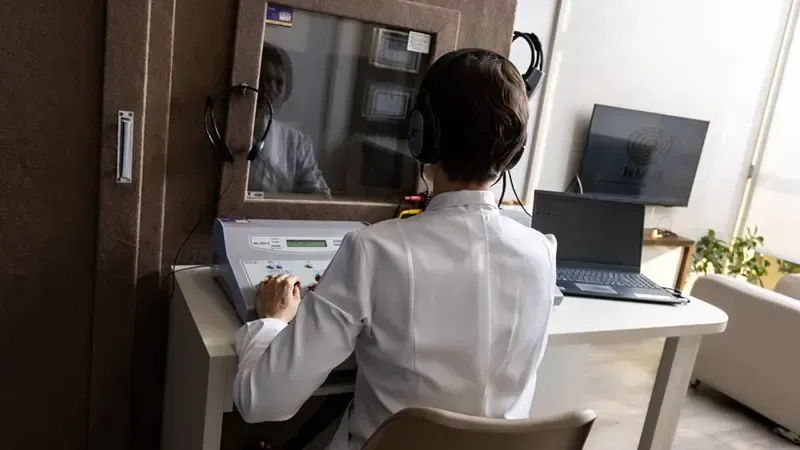 Fonoaudióloga do INAB conduzindo audiometria em cabine acústica em Águas Claras