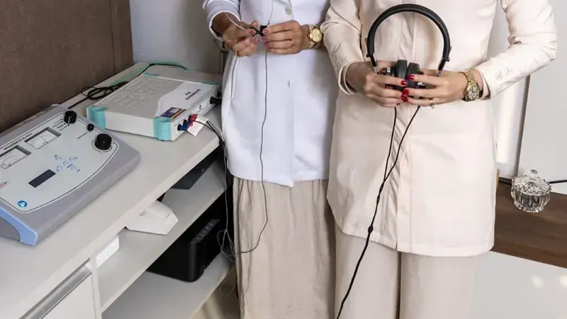 Fonoaudiólogas do INAB com fone de exame auditivo ao lado dos equipamentos de avaliação